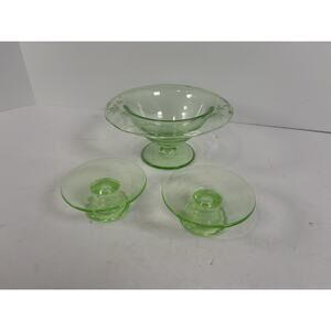 Vintage Green Uranium Depression Glass Console Set Bowl & 2 Candlesticks